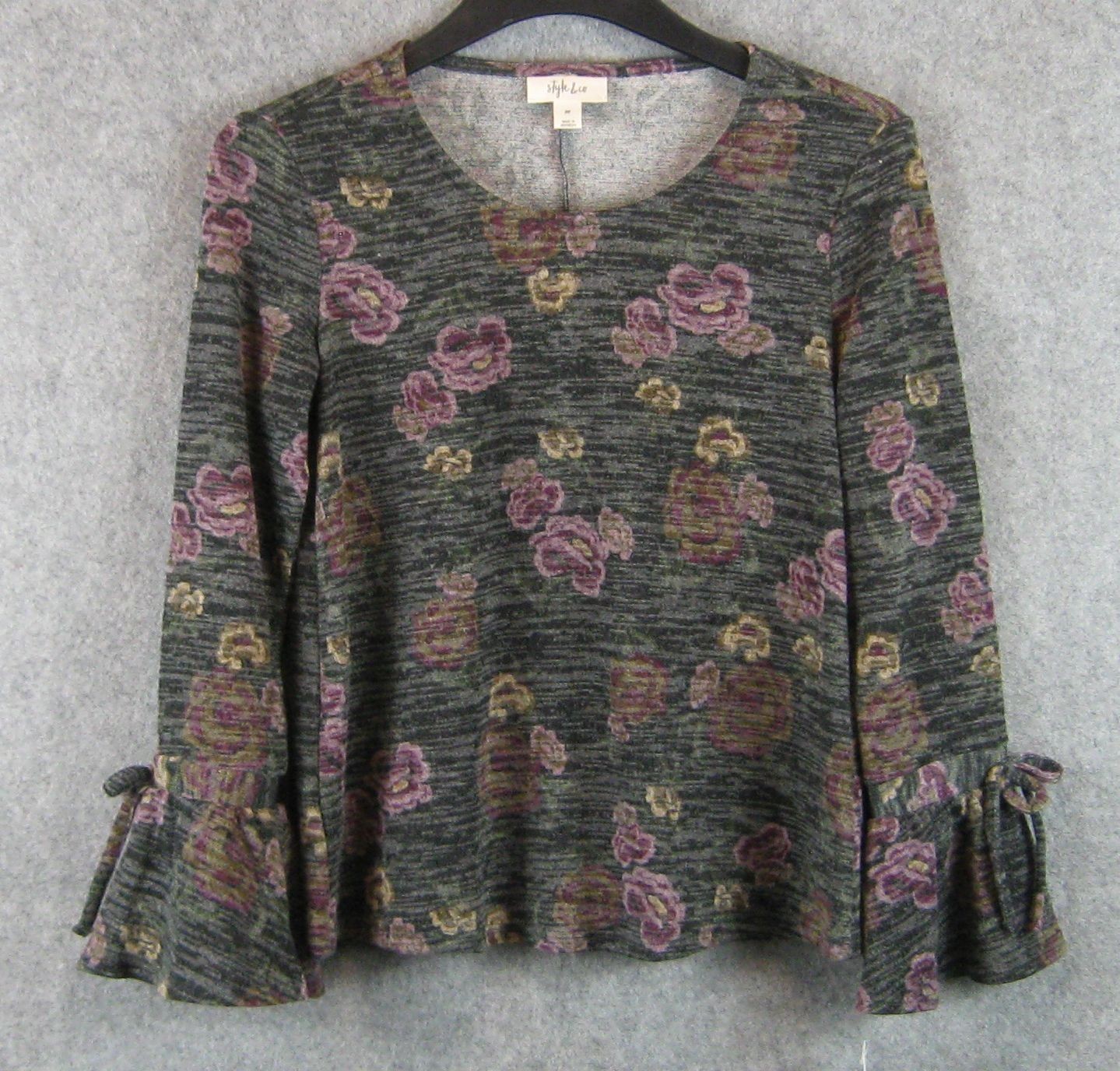 Style & Co Petite Black Floral Lantern Sleeve Top Size PP NWT