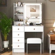 Dressing Table Vanity LED Mirror 6 Drawers 6 Shelves Stool Makeup Table Bedroom