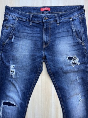 Guess Los Angeles Slim Jeans Herren W34 Blau Destroyed