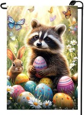 Easter Garden Flag 12x18 Inch Double Sided,Burlap Holiday Raccoon Bunny Eggs Flo