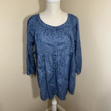 Nine West Jeans 3/4 Sleeve Round Neck 1/2 Button Floral Tunic Blouse Women's