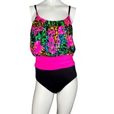 Vintage Sea Fair bright pink  black floral flower one piece bathing suit sz 14