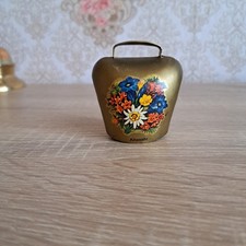 Vintage brass cowbell with flower pattern, Swiss cowbell, edelweiss flower,