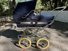 Vintage 70s Peg Perego Carrozzina Pram Baby Stroller – Navy/White– Made in Italy