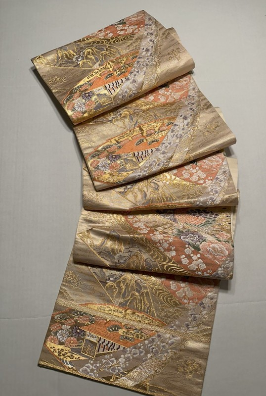 Luxury Japanese Kimono Fabric Silk Sash Belt, Fukuro Obi Hiogi Landscape Peacock