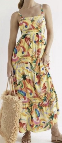 Anthropologie Farm Rio Yellow Textured Tropical Floral Maxi Dress Women's Small