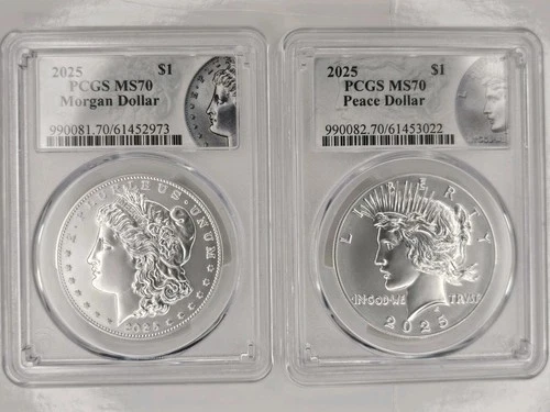 2025 $1 Morgan and Peace Silver Dollar 2pc Set PCGS MS70 Morgan and Peace Label