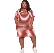 New Plus Size Women Short Sleeves V Neck Stripe Casual Dress Party Size XL