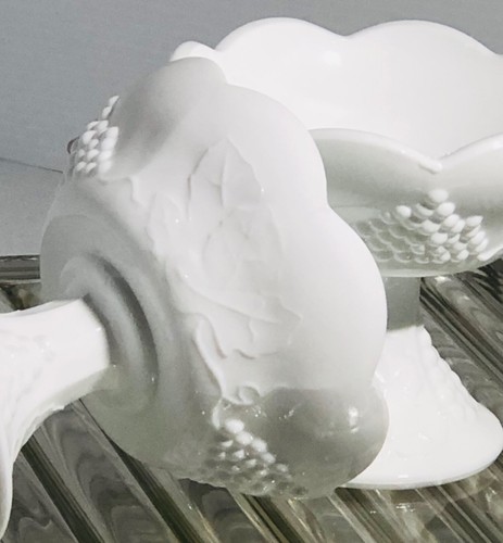 Vintage Milk Glass Candle Holder Grape & Leaf Design on Pedestal set of 2 - Picture 6 of 10
