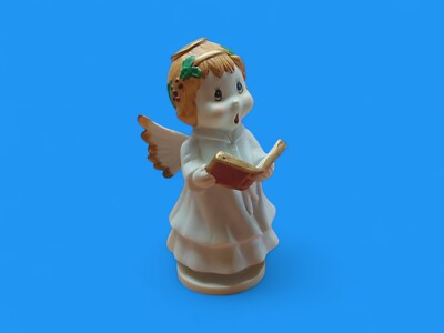 Vtg Christmas Blue Musical Angel Revolving Silent Night Roman Kogei Japan W Box