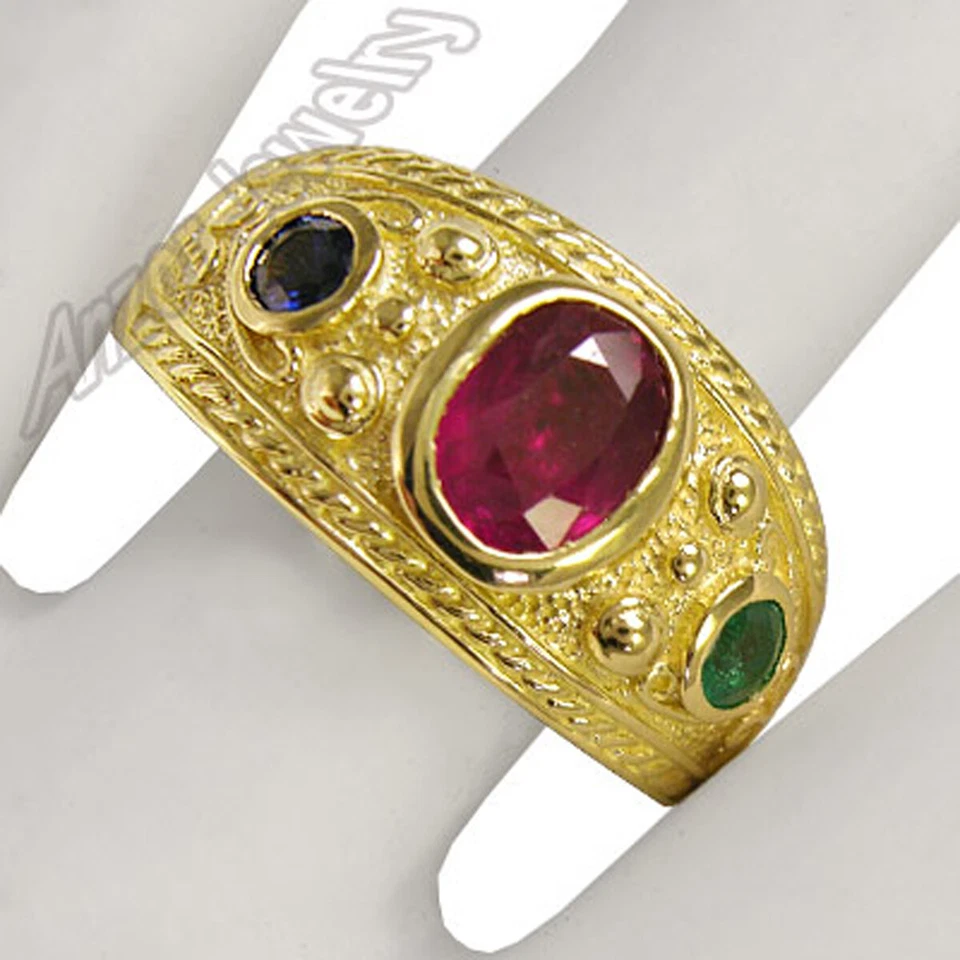 Men's 14k Gold Three-Stone Ruby Sapphire Emerald Ring, Sizes 8 to 14  - Image 2 of 4