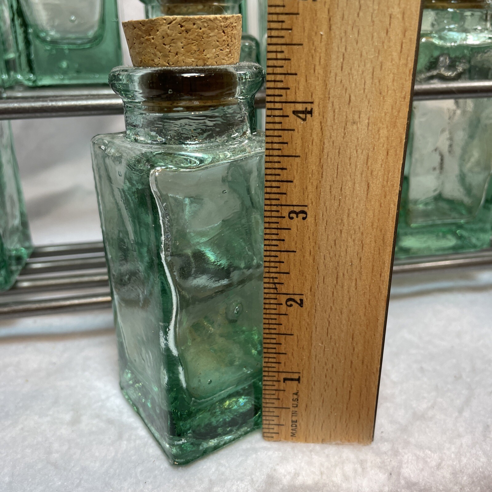 Wrought Iron Spice Rack 12 Green Glass Bottles w/cork stops Wall ...
