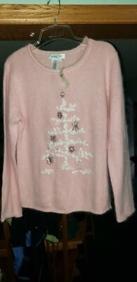 NEW Coldwater Creek Silk/Wool/Angora Pink Sequin Tree Sweater Size S