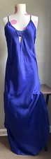 Vtg Lady Cameo Dallas Slippery Satin Glossy Blue Slip dress Nightie L Slit Bow