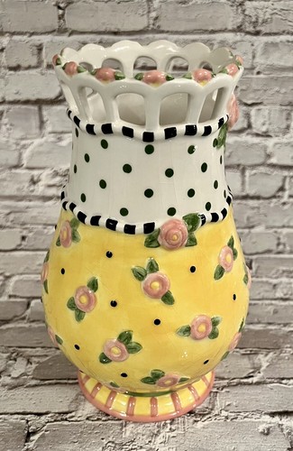 Mary Engelbreit Ceramic Vase 2000 ME Ink Michel & Co. Floral Yellow /White - 第 2/6 張圖片