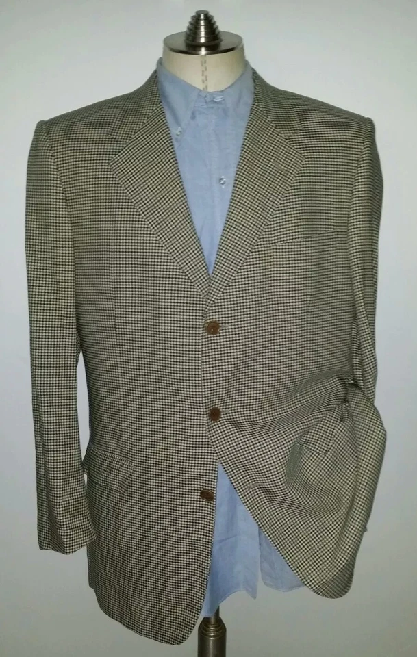 Vintage Oscar De La Renta 42L Blue Tan Gun Check Gingham Sport Coat Blazer ITALY - Image 2 of 4