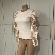 Anthropologie Dolan Top Size S Beige Lace Puff Sleeve Ribbed