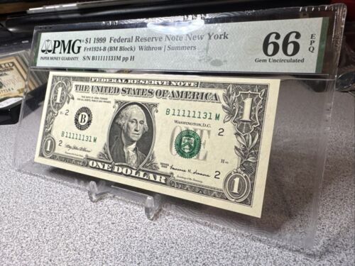 1999 $1 Federal Reserve Note PMG 66 EPQ fancy near solid serial number 11111131 - Picture 3 of 9