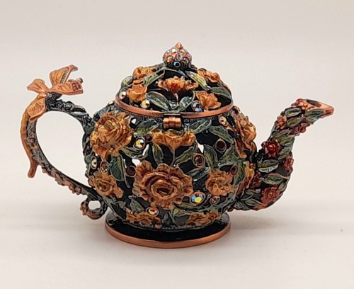 kettle shape Figurine Jewelry Trinket Box Antique copper multi enamel decorative - Picture 5 of 10