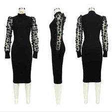 Almost Famous Women's Black Petal Mesh LongSleeve Midi Dress Sz Small