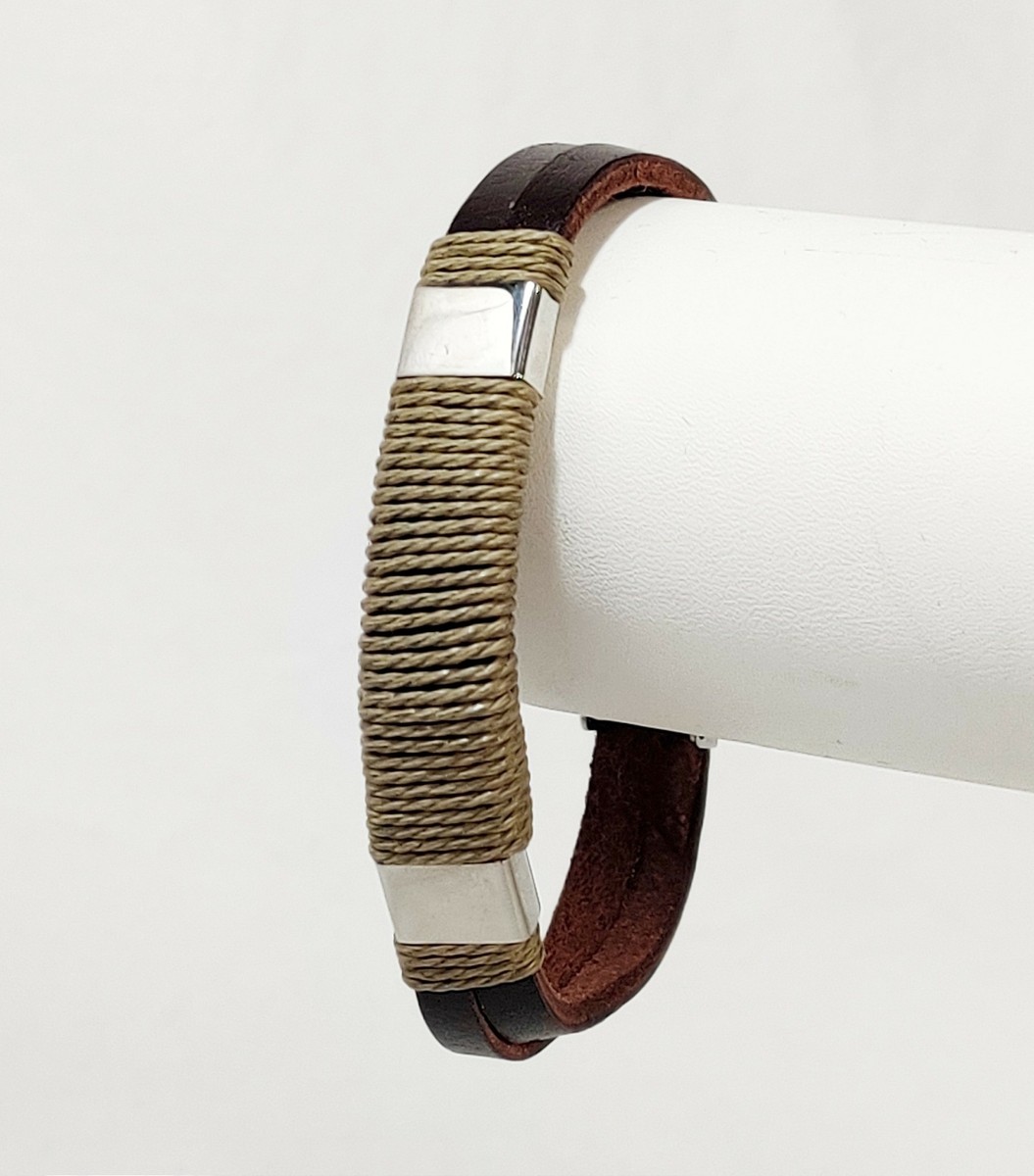 NEW Crucible Stainless Steel Twine Rope Wrapped Center Leather Bracelet 