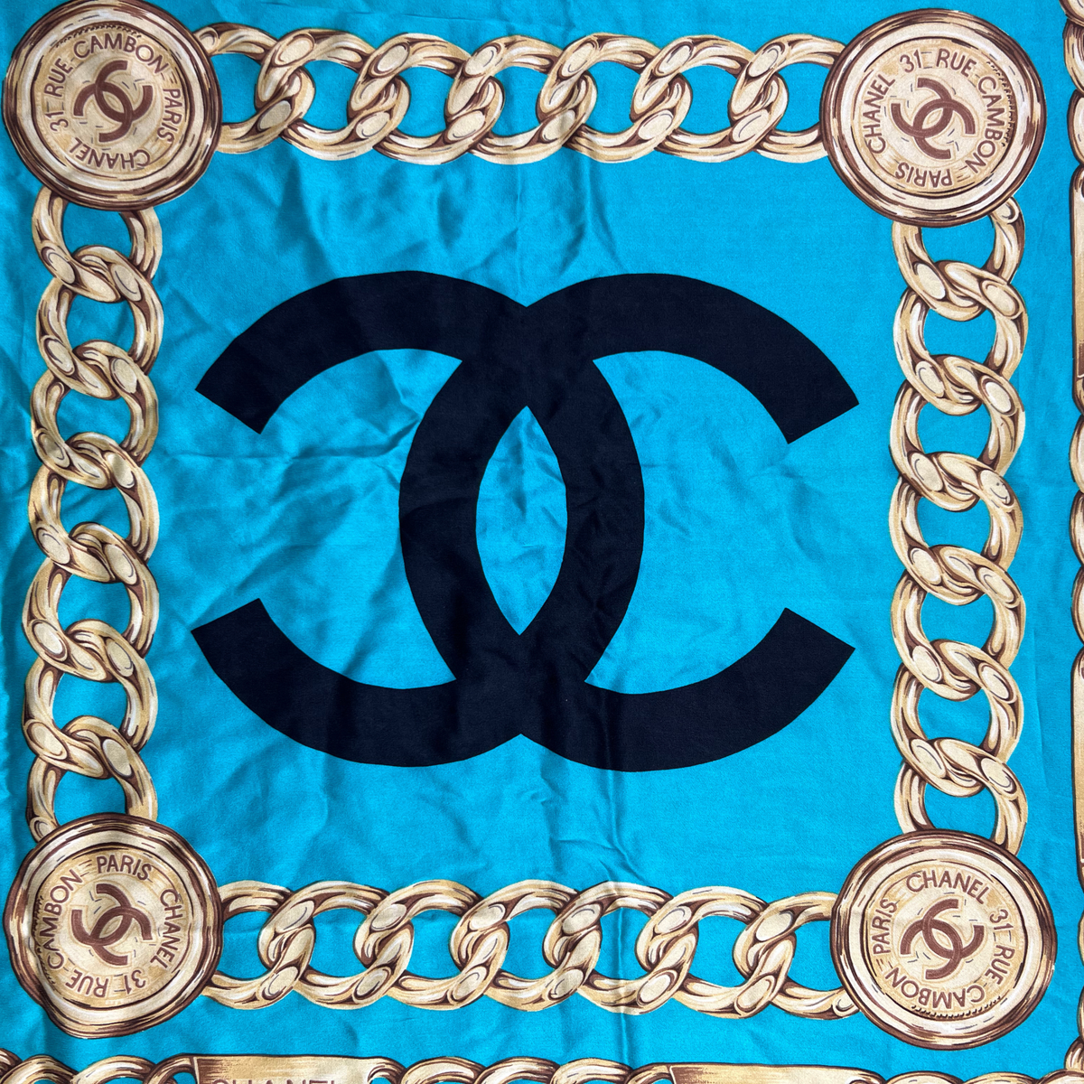 Chanel Vintage Silk Scarf Blue Gold Chain Logo CC Square Wrap Rare