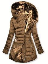 Women's Hooded Puffer Jacket Plush Lined Quilted Winter Coat Mid Length Zip Warm