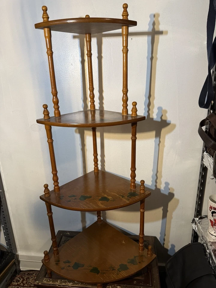 Prateleira de canto vintage de madeira 4 camadas com eixos - Imagem 2 de 4