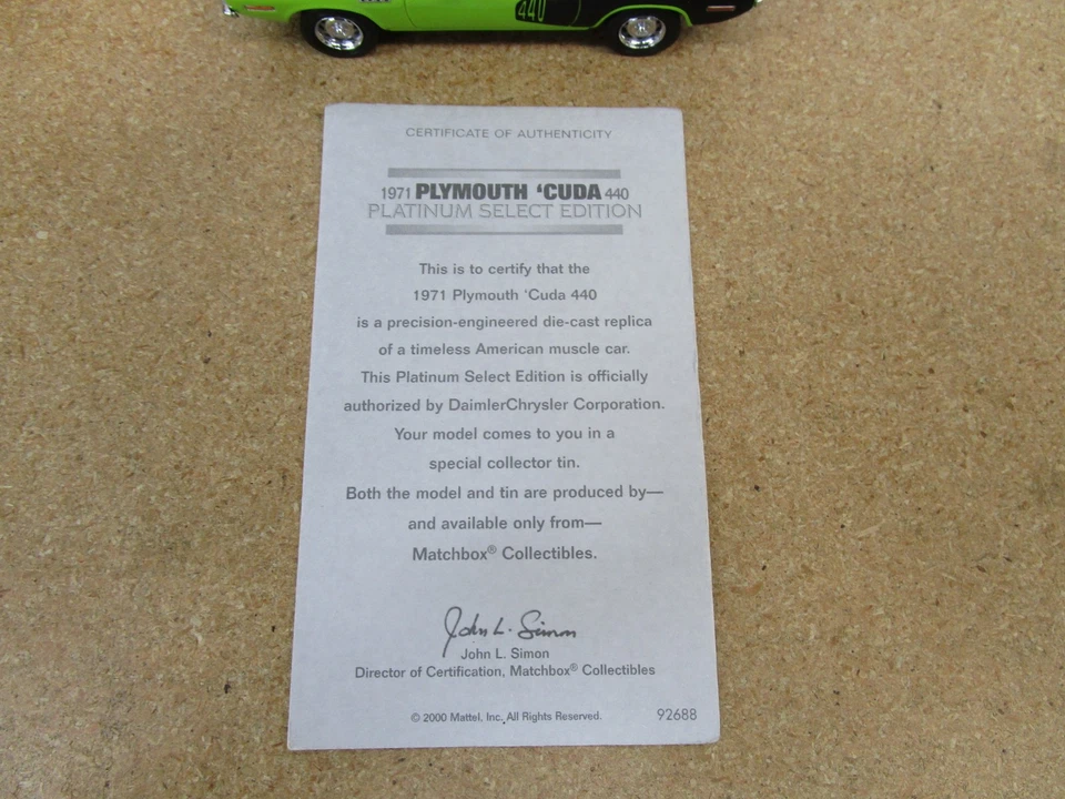 1971 Plymouth Cuda 440 1/43 Matchbox Collectibles diecast green car tin box G - Image 2 of 4