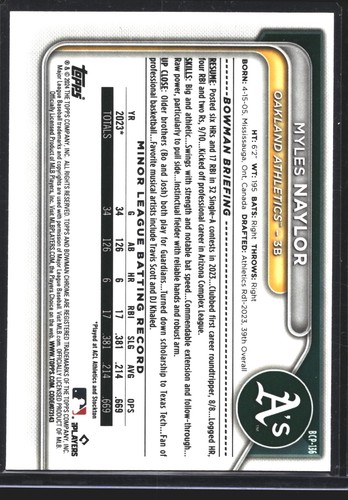 Myles Naylor 2024 Bowman 1st Chrome Lunar Glow Refractor Oakland Athletics - Picture 2 of 2