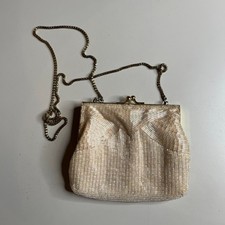 Vintage Ivory Beaded Evening Purse Kiss Lock Bag Gold Chain Retro Bridal Clutch