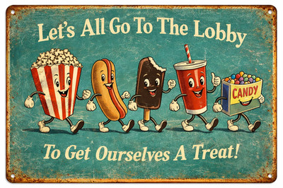 1950s Style Movie Theater Snack Bar Let's Go To Lobby Retro 8x12 Metal Sign