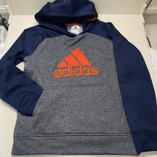 Adidas Boys Long Sleeve Pullover Hooded Sweatshirt Size M 10/12 Blue/Grey EUC
