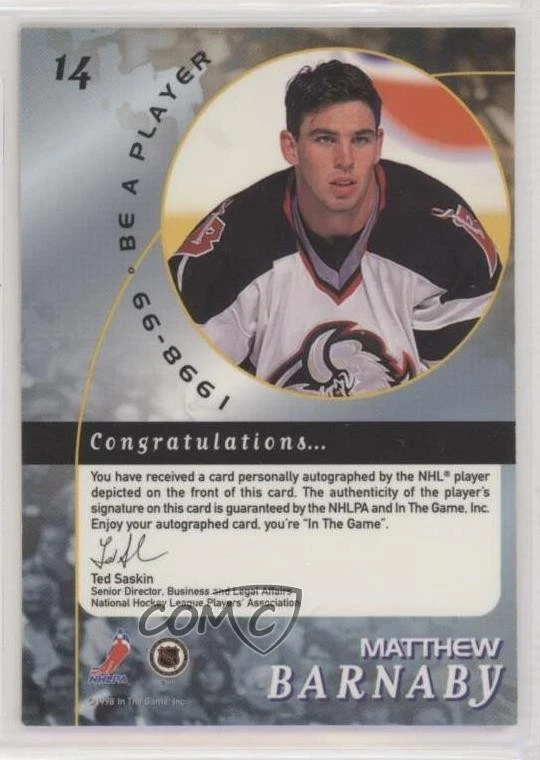 1998-99 ITG Be A Player Gold Auto Matthew Barnaby #14 Auto - Image 2 of 2