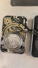 Steampunk Full Hunter Quartz Pocket Watch Roman Numerals, Exhibition Back, Chain
