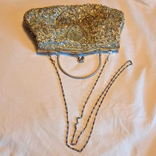 Vintage Style Silver Beaded Sequin Floral Clutch Curved Metal Handle, Chainstrap