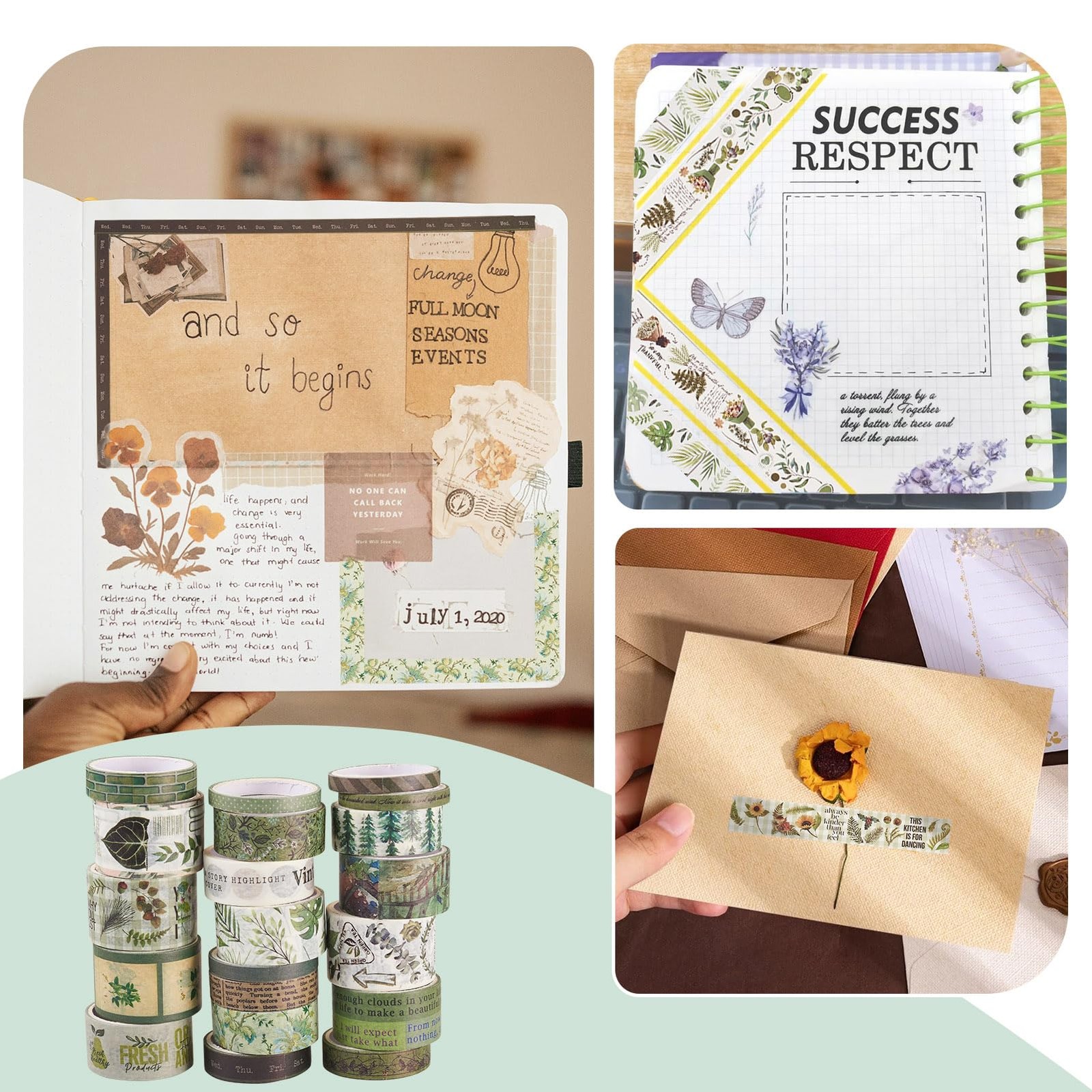 20 Rolls Washi Tape Set Colored Masking Tape Forest Flower Leaf Letter Retro ...