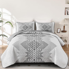 Boho Quilt Set King Size 3 Pieces Grey Aztec King Quilt Set Bohemian Bedspread C