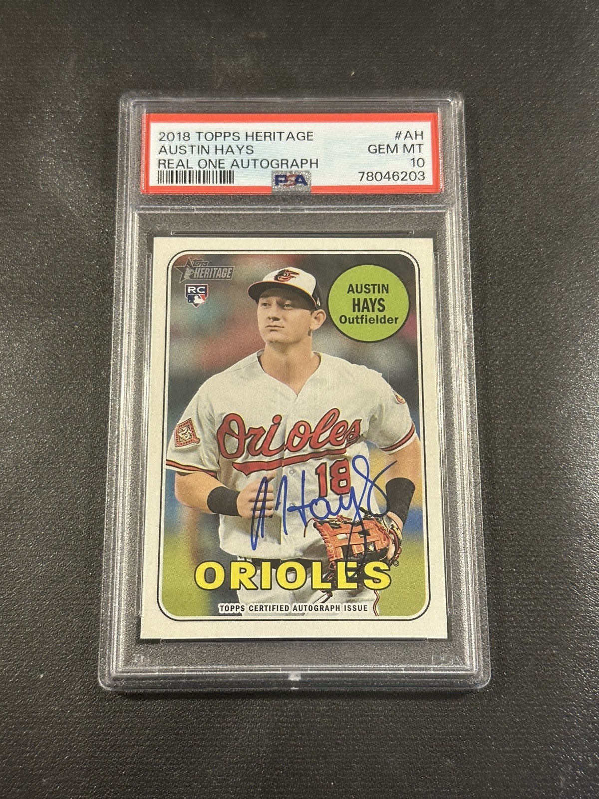 2018 Topps Heritage Real One Autograph #AH Austin Hays Auto RC (Orioles) PSA 10