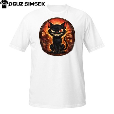 Dark Mischievous Cat Cartoon Tee Sin City Grin District Design