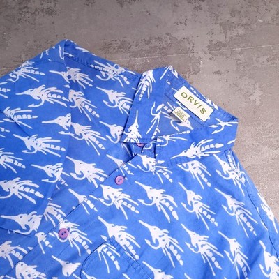 Orvis Baumwollhemd Herren Large Regular Blau Fischmuster Kurzarm Knopfleiste