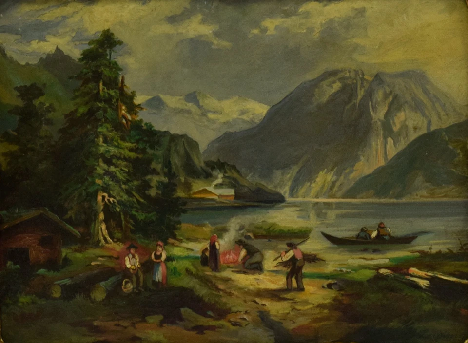 Altes Gemälde, Am See zwischen den Bergen, Landschaft, Öl, signiert, 50 x 41 cm - Bild 3 von 4