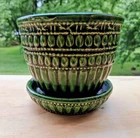 Vtg McCoy Green Beaded Banded Planter w/ attached Saucer 4” H