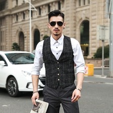 Men Plaid Checked Waistcoat Suit Vest Cotton Loose Formal Lattice Chequer Black
