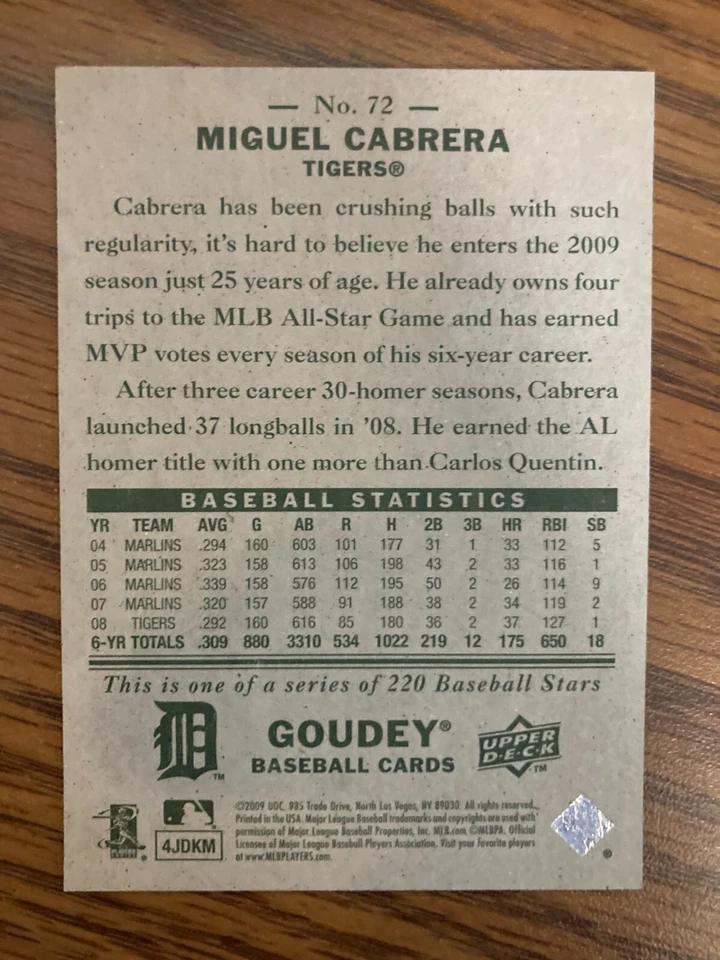 2009 Upper Deck Goudey #72 Miguel Cabrera Detroit Tigers Excelente Foto 2 de 2