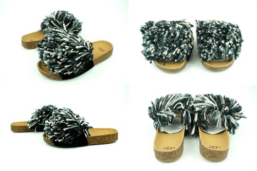 UGG CINDI SUEDE YARN TRIM BLACK / WHITE SANDALS SLIDE SIZE 5 US WOMENS
