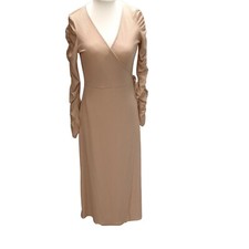 OASIS Womens Casual V Neck Wrap Beige Midi Long Sleeve Dress Plus Size 14-16 M