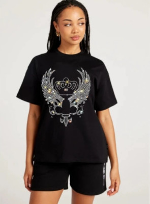 New Women Luxury Diamond Crown Rhinestones Black White T-Shirt High Quality