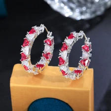 Women Fashion Silver Plated Red Cubic Zirconia Round Hoop Earrings Party Jewelry