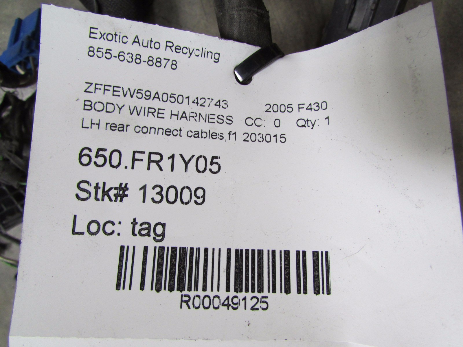 Ferrari F430, LH, Left F1 Engine Wiring Harness, Used, P/N 203015